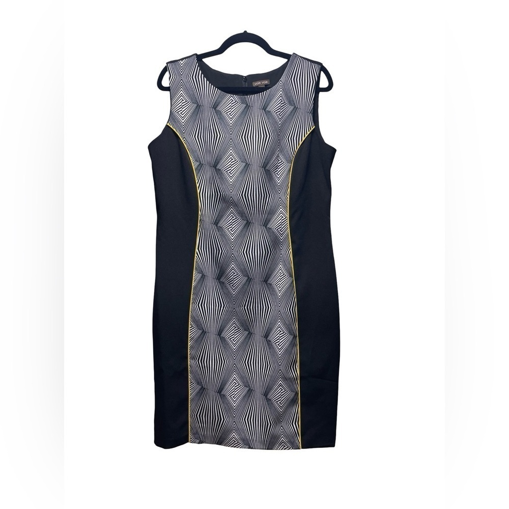 Voir Voir Women’s black, white with yellow stripe abstract midi dress size 12